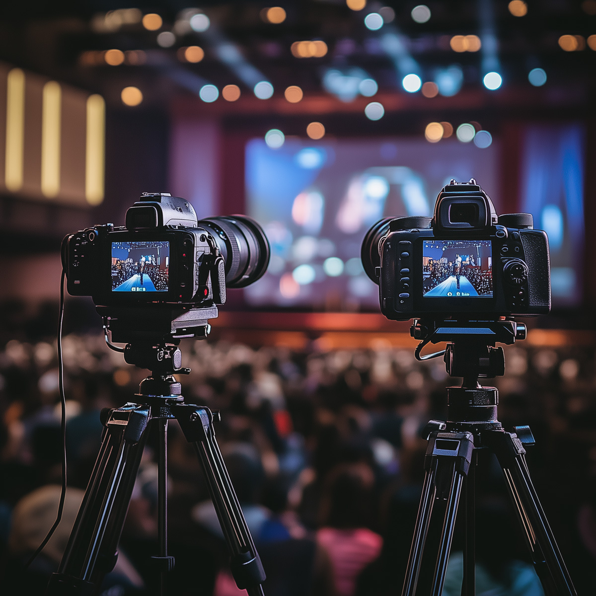 two kameras aufgestellt bei einem event welche die audio und video dienstleistungen der eventagentur aufzeigen