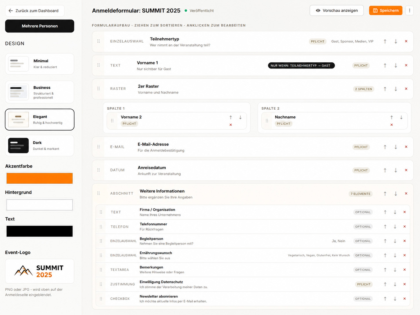 Formular-Editor von 2impress Einlass mit dynamischen Feldern und individuellen Designoptionen